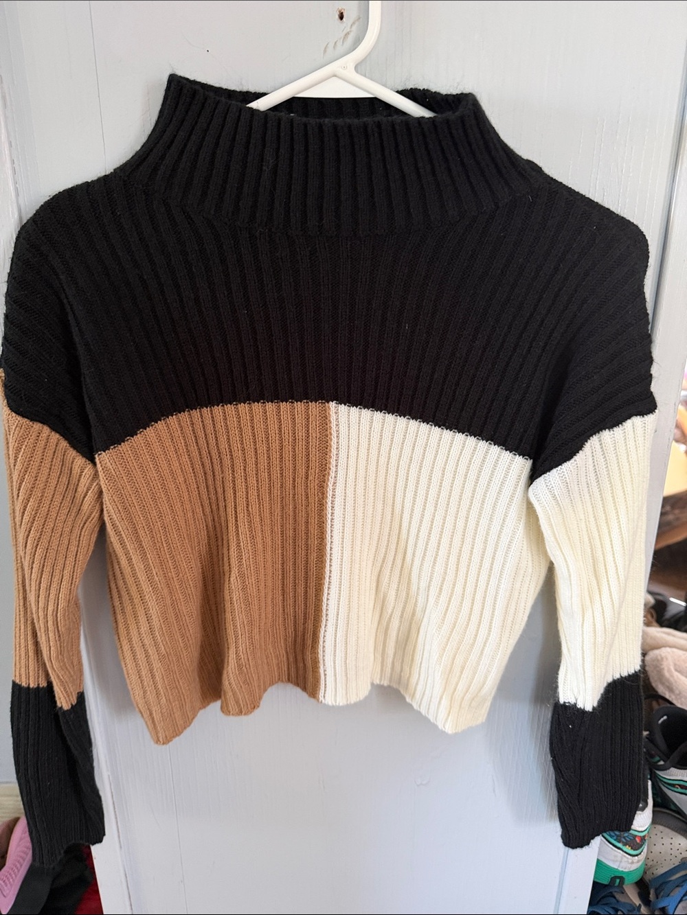 SHEIN Black, Brown & Cream Colorblock Ribbed Cowl Sweater